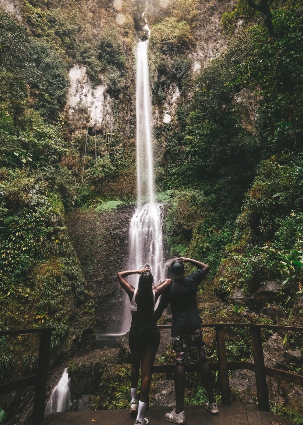 A waterfall dropping through the rainforest in Dominica's interior