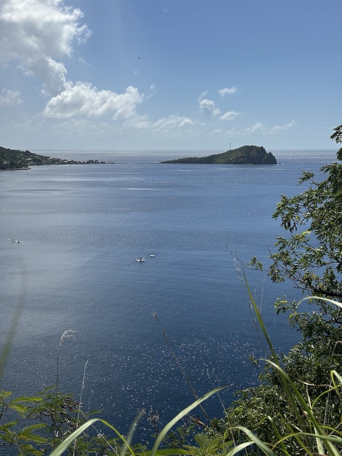Soufrière Bay seen from the headland, flat calm to the horizon