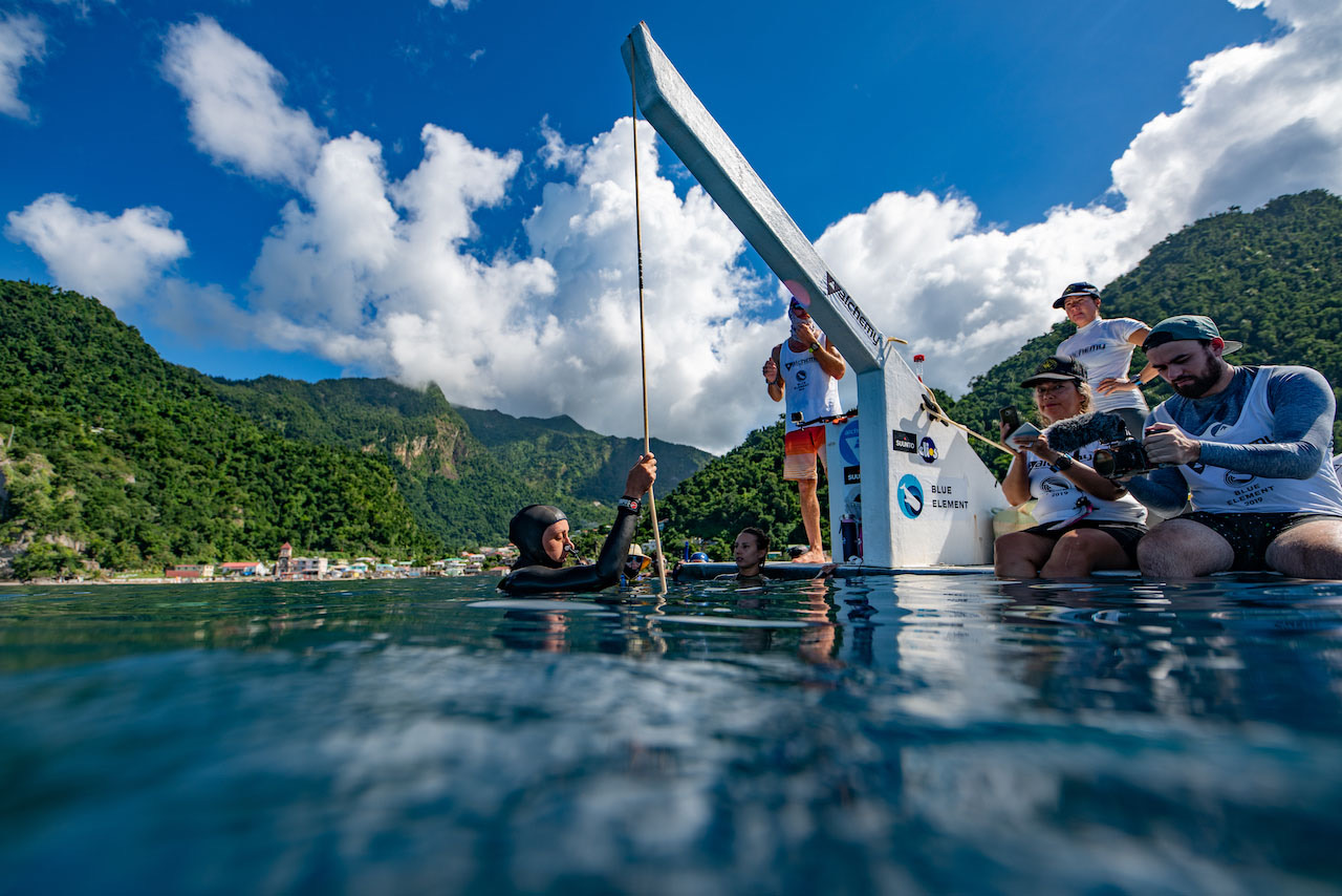 The Blue Element platform and safety setup on the water in Soufrière Bay