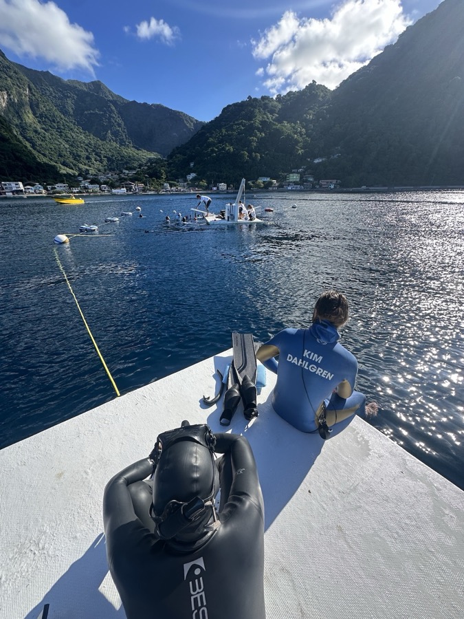 The dive boat and the line stretching out across Soufrière Bay