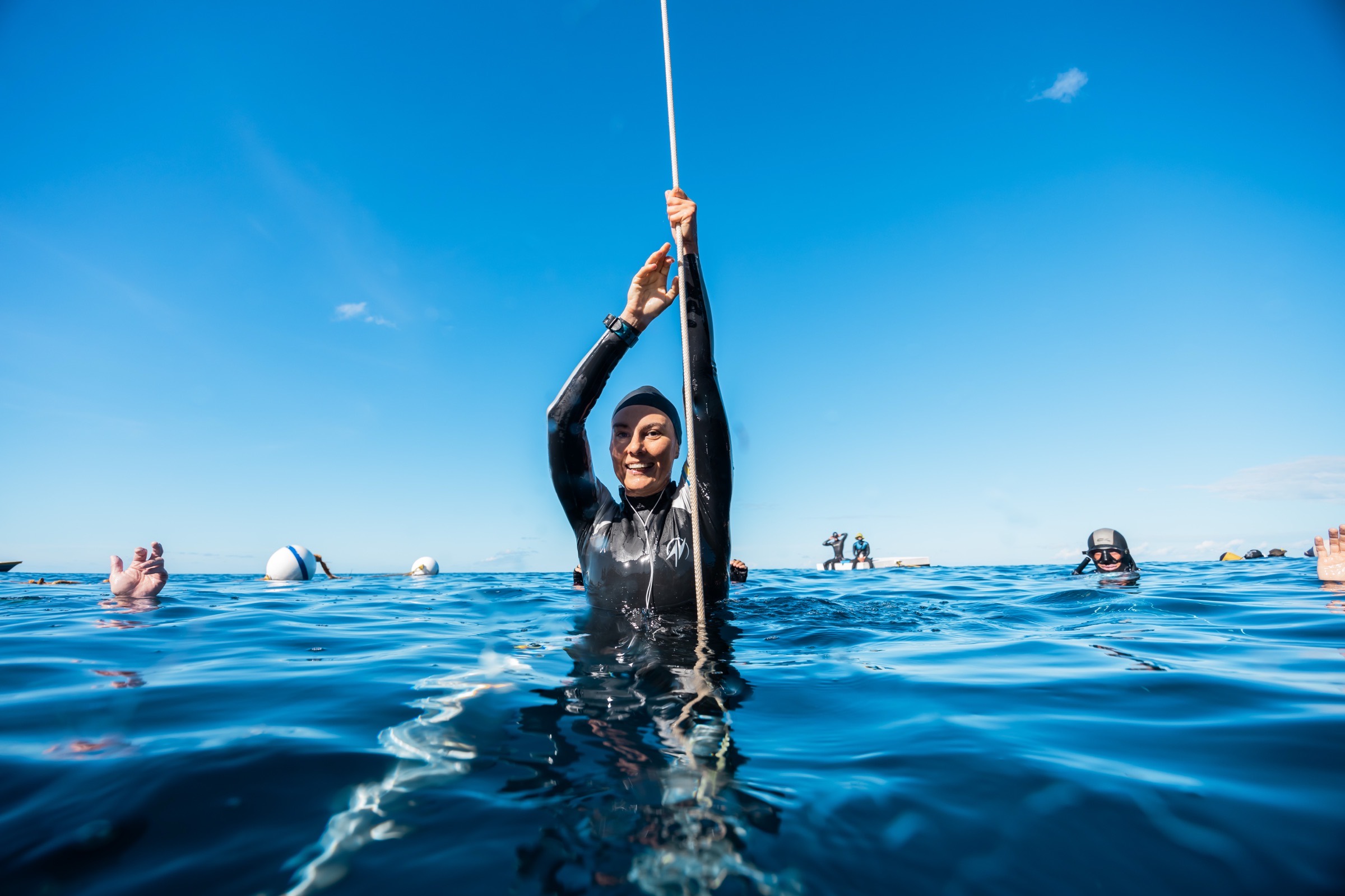 Katerina Sadurska at the surface after a competition dive in Soufrière Bay