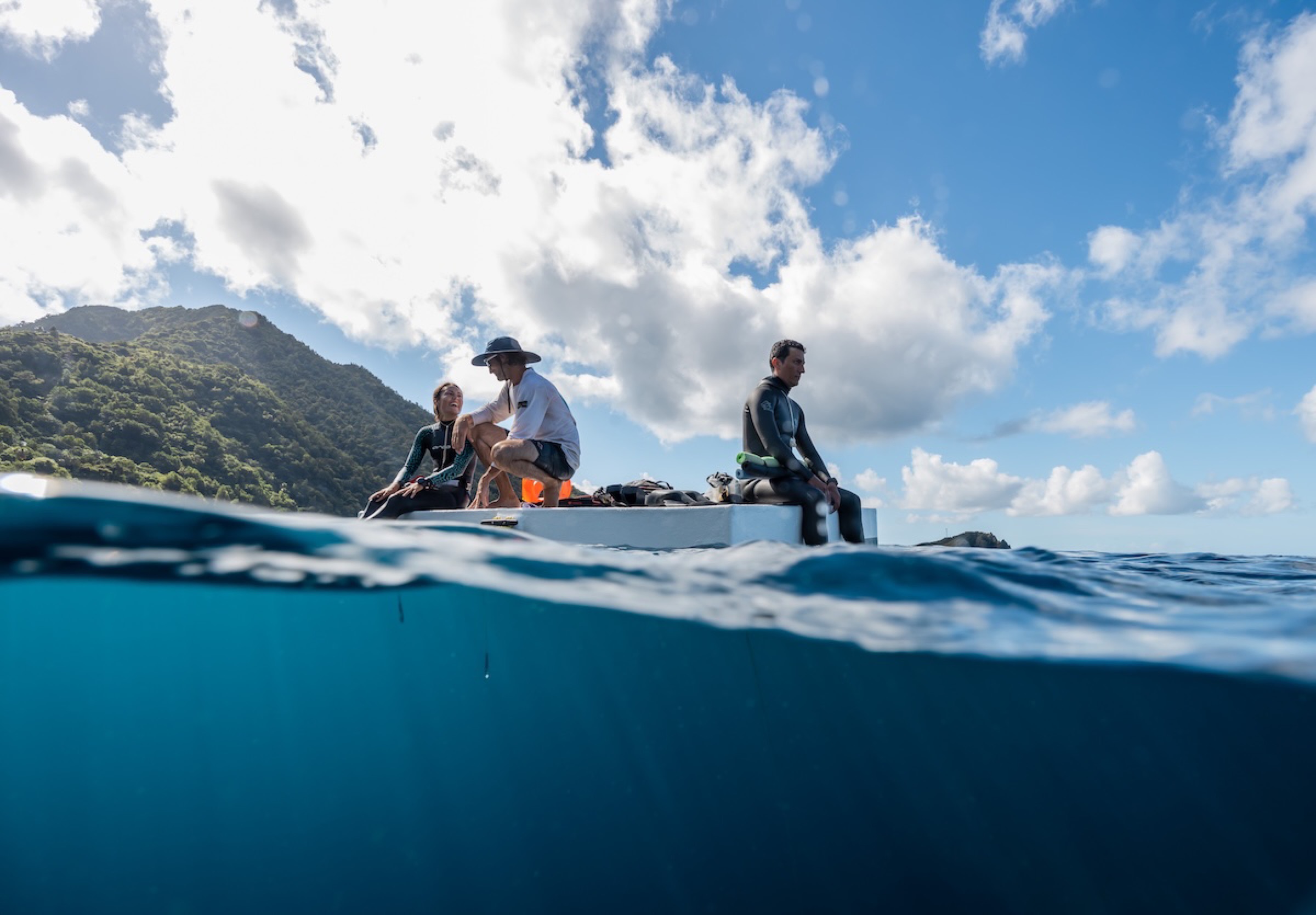 Pedro Tapia and crew on the Blue Element platform in Soufrière Bay