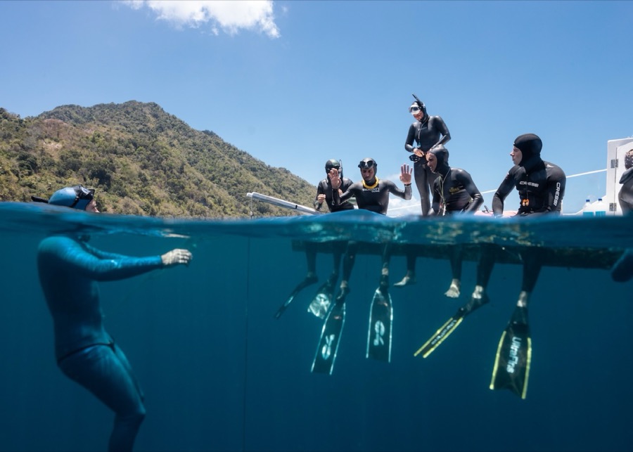 Monofins and bi-fins racked along the platform between sessions