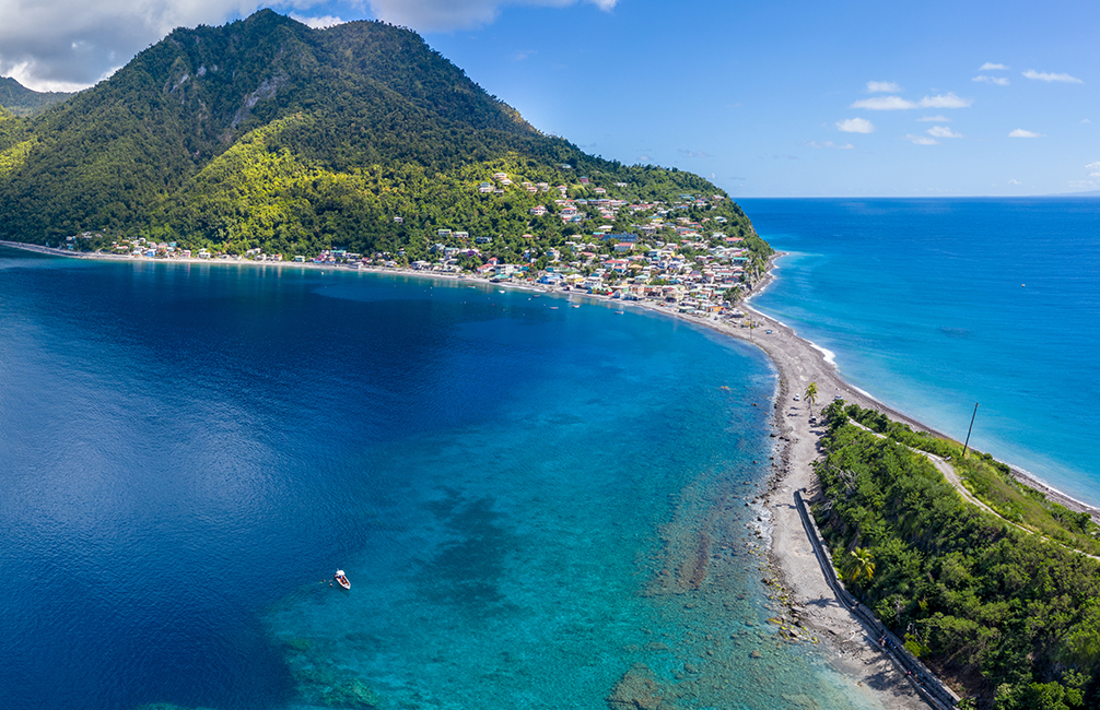 Aerial view of Scott's Head village on the isthmus between the Caribbean Sea and the Atlantic