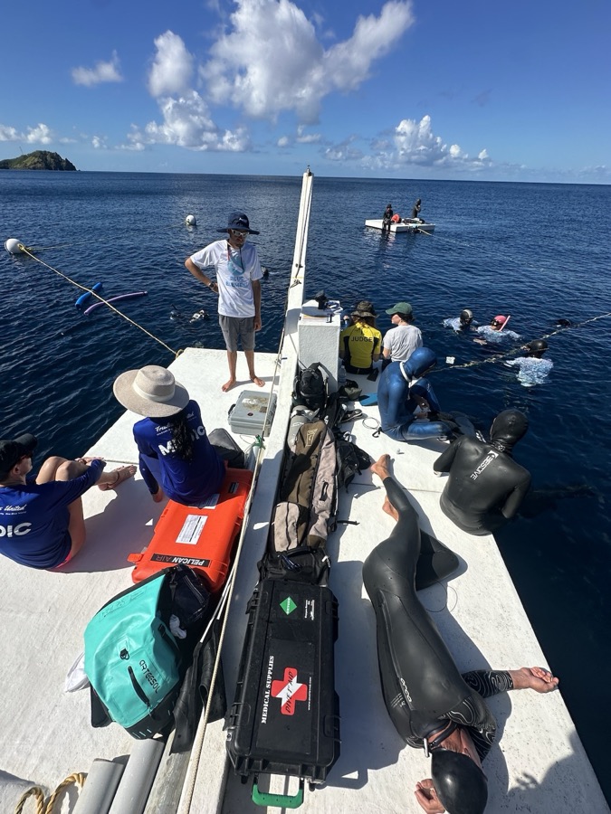 The safety and medical team with their kit laid out on deck