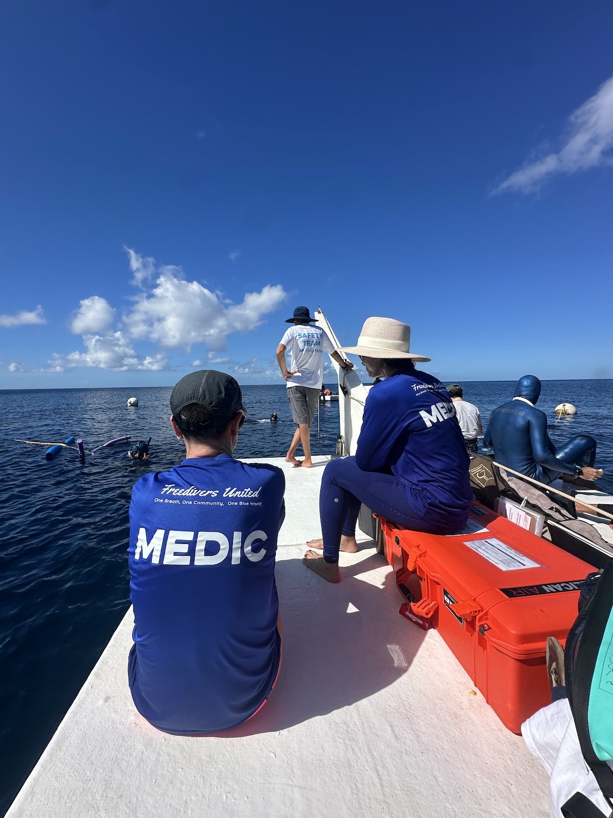 Freedivers on the competition line in Soufrière Bay