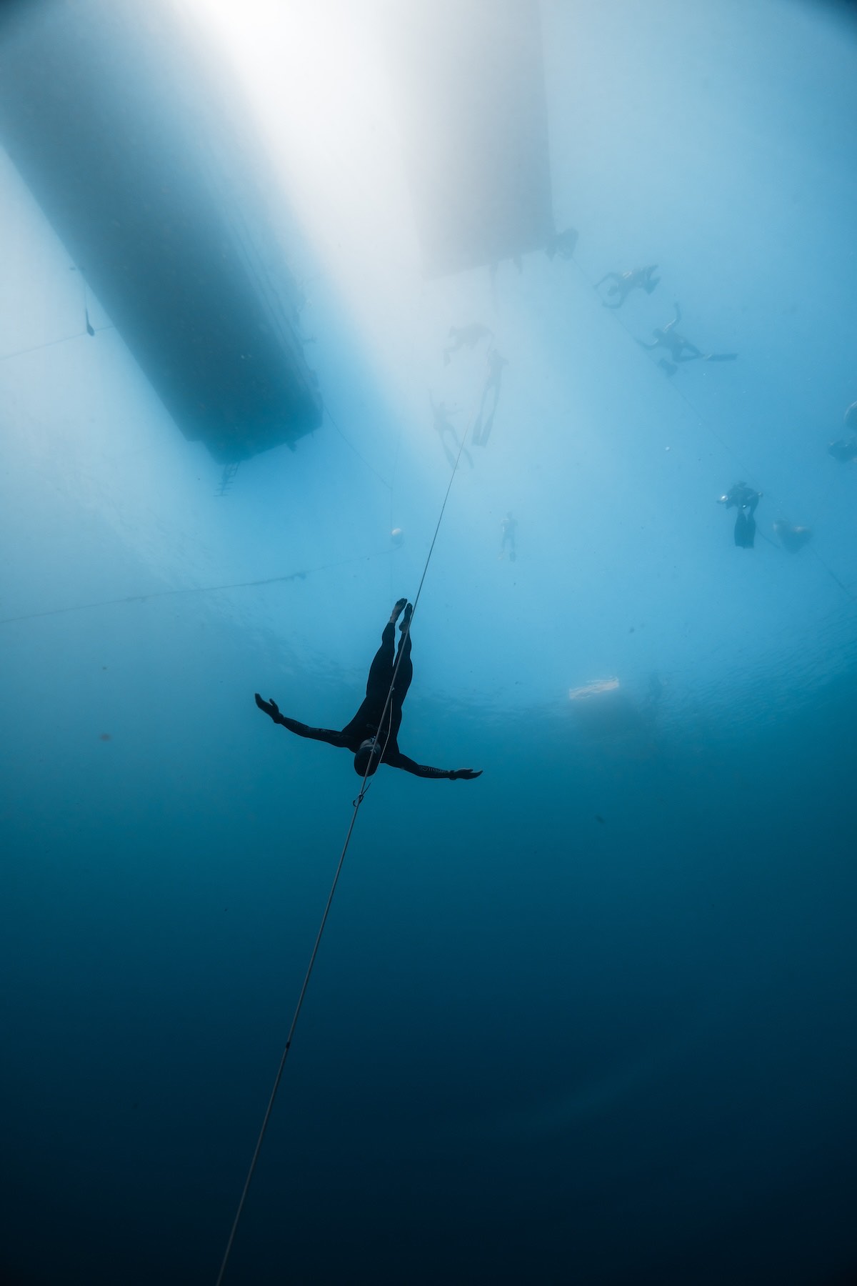 A freediver on the competition line in Soufrière Bay