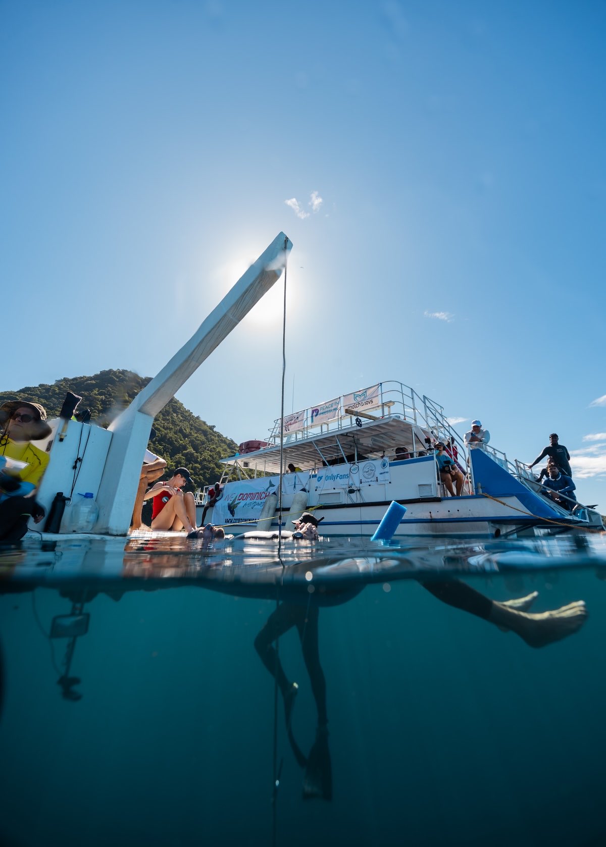 Freedivers on the competition line in Soufrière Bay