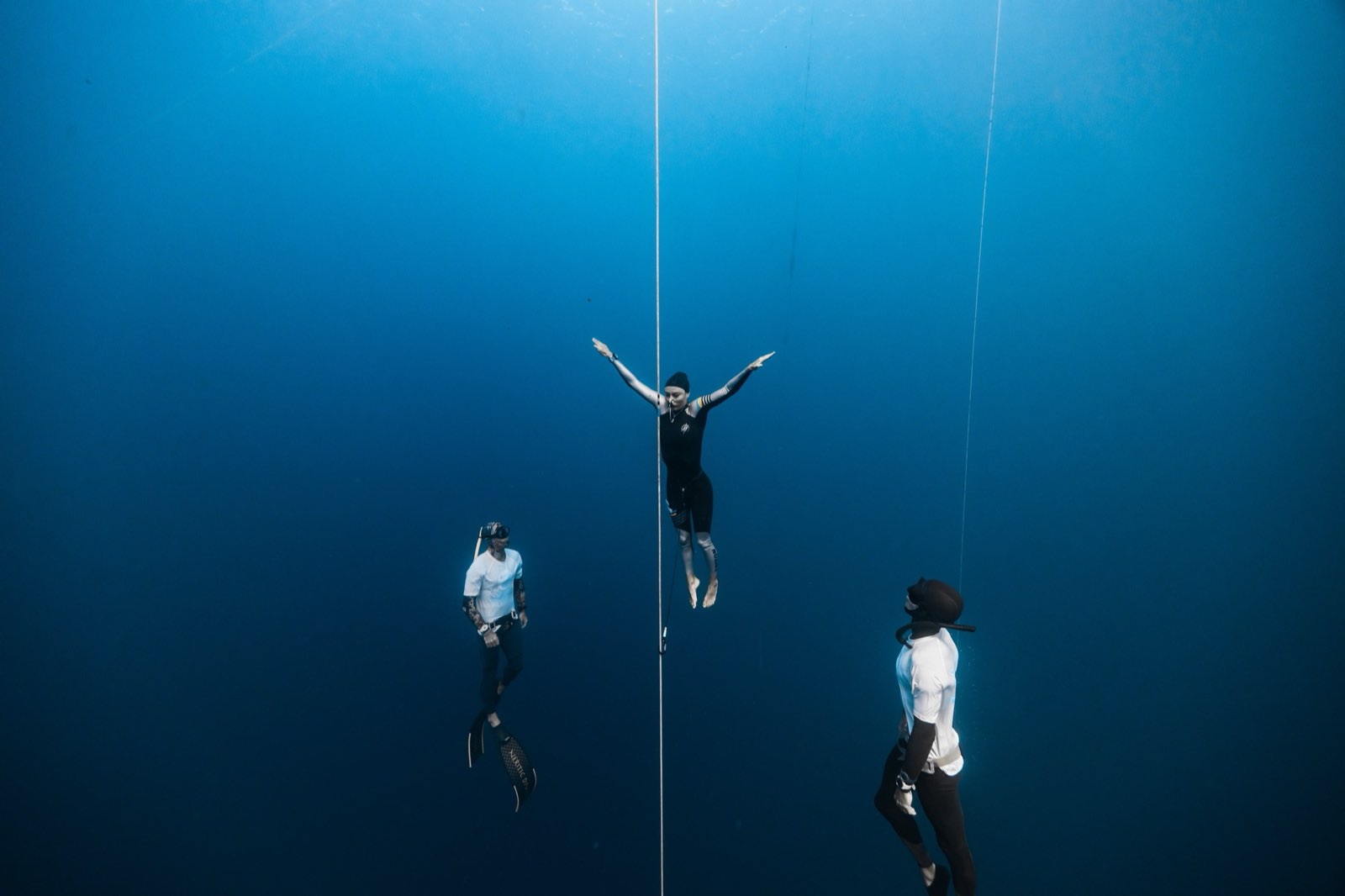 Freedivers on the competition line in Soufrière Bay